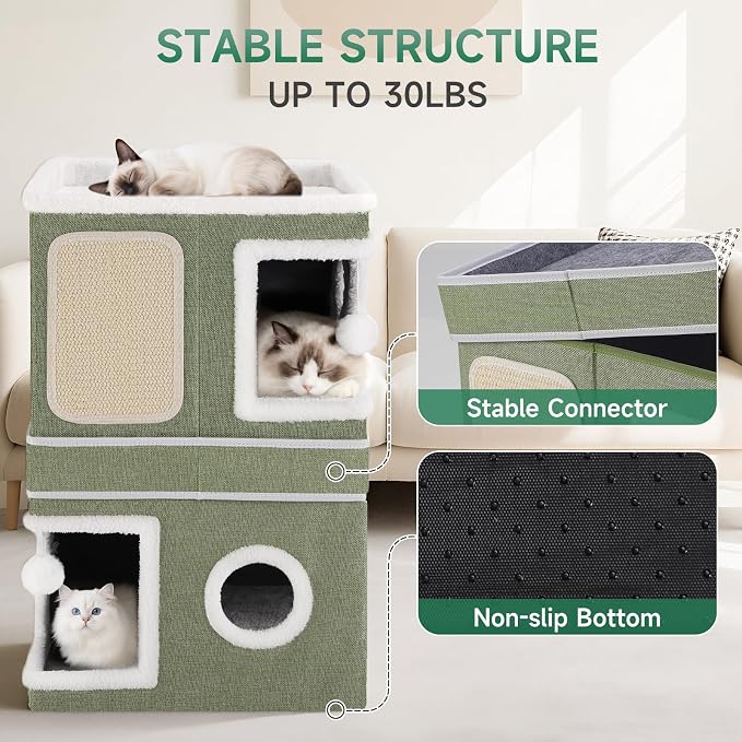 Shikha 2 Story Cat House beds for Indoor Cats with Scratch Pads Green | 2 in 1 Dual Use Double Cat Bed Cave for Multiple Pets Kitten, Elevated Perch for a Wide View, All Season Reversible Cushion - Image 5