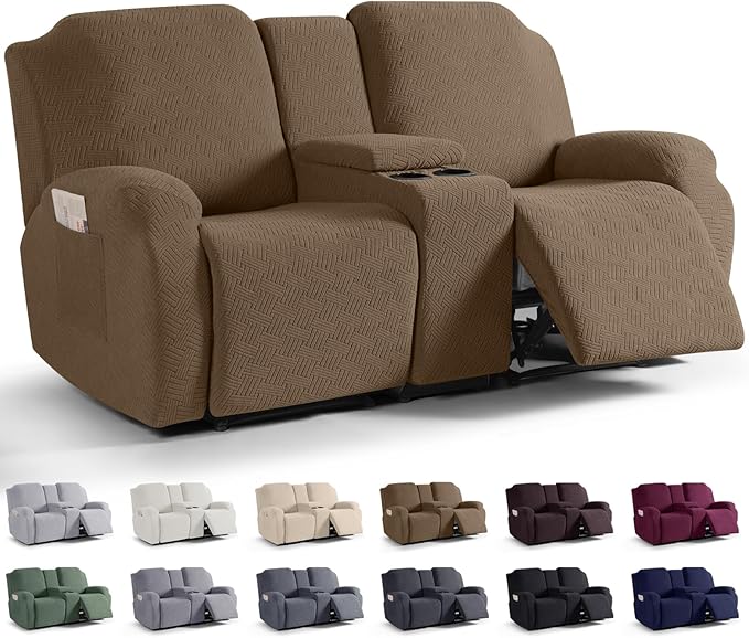 KinCam Loveseat Recliner Covers with Middle Console Slipcover, Light Coffee | Stretch Recliner Sofa Covers for 2 Seat Couch Cover, Jacquard Furniture Protector Covers with Elastic Bottom for Kids, Pets by KinCam
