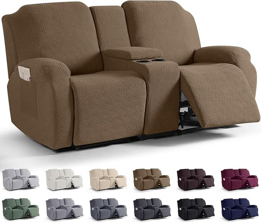 KinCam Loveseat Recliner Covers with Middle Console Slipcover, Light Coffee | Stretch Recliner Sofa Covers for 2 Seat Couch Cover, Jacquard Furniture Protector Covers with Elastic Bottom for Kids, Pets by KinCam