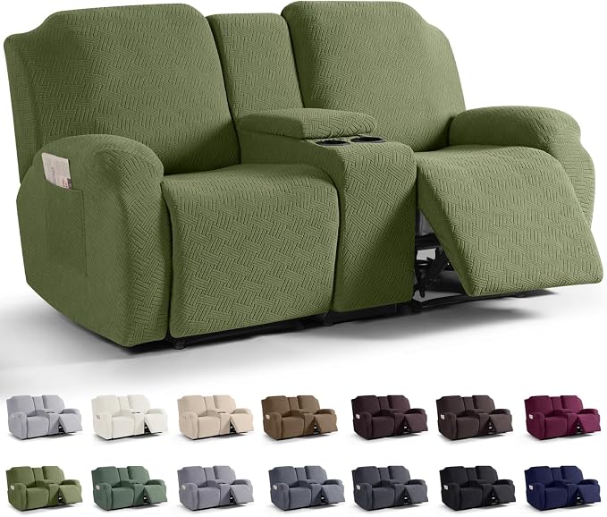 KinCam Loveseat Recliner Covers with Middle Console Slipcover, Olive Green | Stretch Recliner Sofa Covers for 2 Seat Couch Cover, Jacquard Furniture Protector Covers with Elastic Bottom for Kids, Pets by KinCam