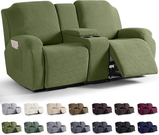 KinCam Loveseat Recliner Covers with Middle Console Slipcover, Olive Green | Stretch Recliner Sofa Covers for 2 Seat Couch Cover, Jacquard Furniture Protector Covers with Elastic Bottom for Kids, Pets by KinCam