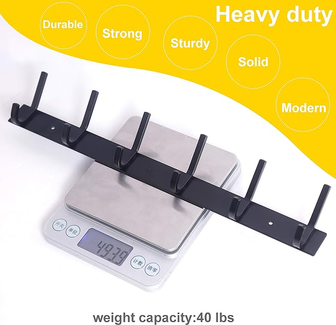 WEBI Coat Rack Wall Mounted,17-1/8 Inch Hooks for Hanging Coats,Heavy Duty Metal Hook Rail with 6 Double Dual Hooks Hanger Wall Mount for Purse Clothes Jacket Backpack Entryway,Black - Image 3