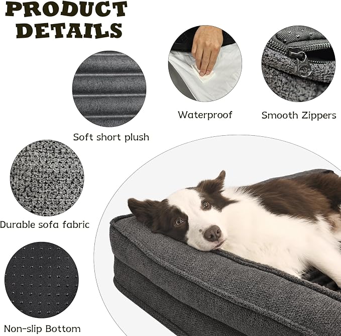 WINDRACING Orthopedic Dog Beds for Large, Medium Dogs, Waterproof Egg Foam Dog Sofa Bed with L Bolster Sides, Washable Large Pet Bed with Removable Cover & Non-Slip Bottom, 36 x 27 inch, Gray - Image 4