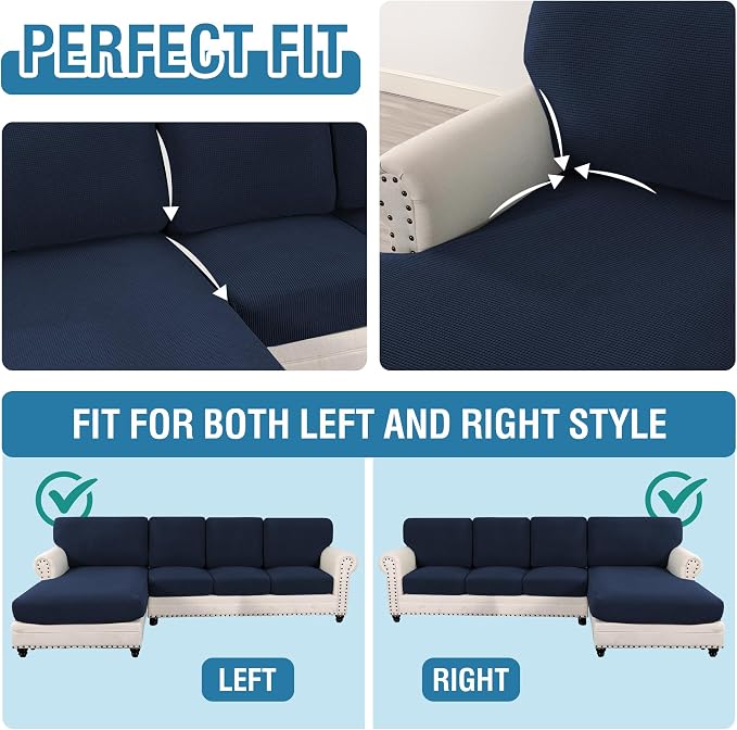 H.VERSAILTEX Sectional Couch Covers 8 Pieces Stretch Sofa Covers for Sectional Sofa Set Separate L Shaped Couch Cover for Both Left/Right Couch (Seat and Back: 1 Chaise + 3 Sofa, Navy) - Image 5