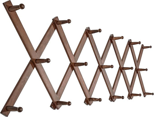 SKOLOO Hat Rack for Wall with 17 Hooks, Solid Wooden, Modern, Expandable Coat Rack Wall Mount for Coats, Hats, Bags, Baseball Caps, Walnut Color by SKOLOO
