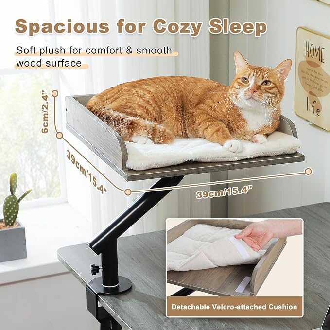 PAWZ Road Cat Desk Bed, Wooden Cat Bed for Desk Supports Up to 50 lbs, 360° Rotation & Adjustable, Nest Desktop Attachment Cats Hammock for Table, Gray - Image 4