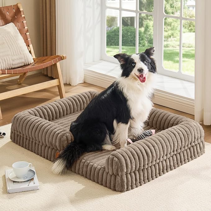 ChiXnuggle Faux Fur Orthopedic Dog Bolster Bed, Waterproof Washable Cover | rectangular dog sofa couch,egg crate foam,non-slip bottom,for extra large dogs,taupe,41*30*7 - Image 9