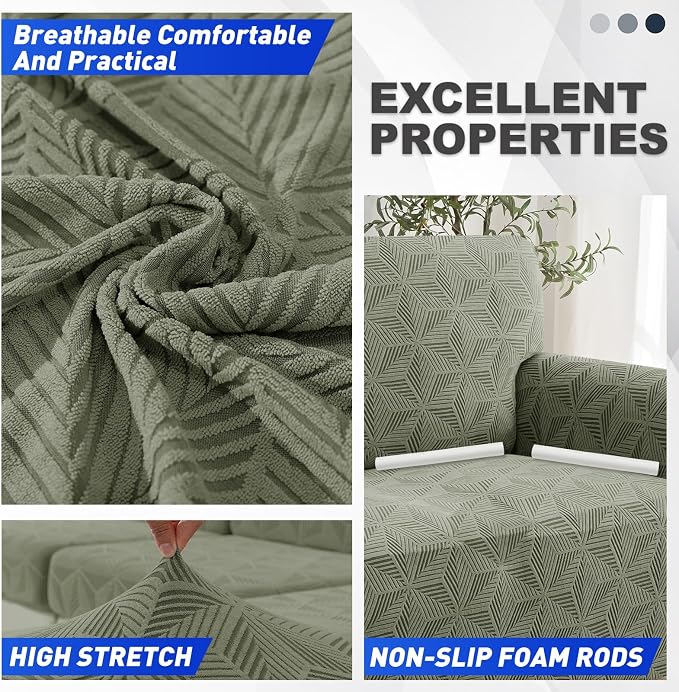 YEMYHOM 1 Piece Stretch Couch Covers for 2 Cushion Couch, Jacquard Loveseat Cover with Non-Slip Elastic Bottom, Thickened Slipcover Furniture Protector for Dogs Pets (Medium, Army Green） - Image 3