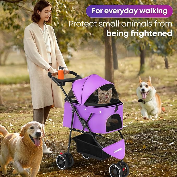 Pet Stroller,Dog Stroller for Small Medium Dogs Cats,3 Wheels,Foldable,with Breathable Mesh Canopy,Cup Holders,Easy Assembly,Purple