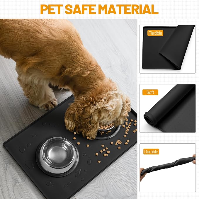 Hubulk Dog Feeding Mat,100% Waterproof Food Grade Silicone Pet Food and Water Bowl Placemat,Dishwasher, High Raised Edge to Prevent Spills,Nonslip Tray to Stop Messes on Floor (32"x24"x1.0", Black) - Image 5