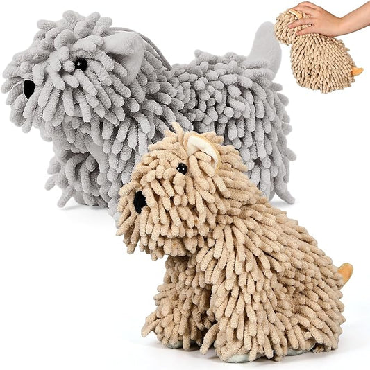 Tegeme 2 Pcs Chenille Dog Hand Towel Fuzzy Towel Absorbent Microfiber Soft for Bathroom Kitchen Washstand (Khaki Grey,Siting and Standing Dog) by Tegeme