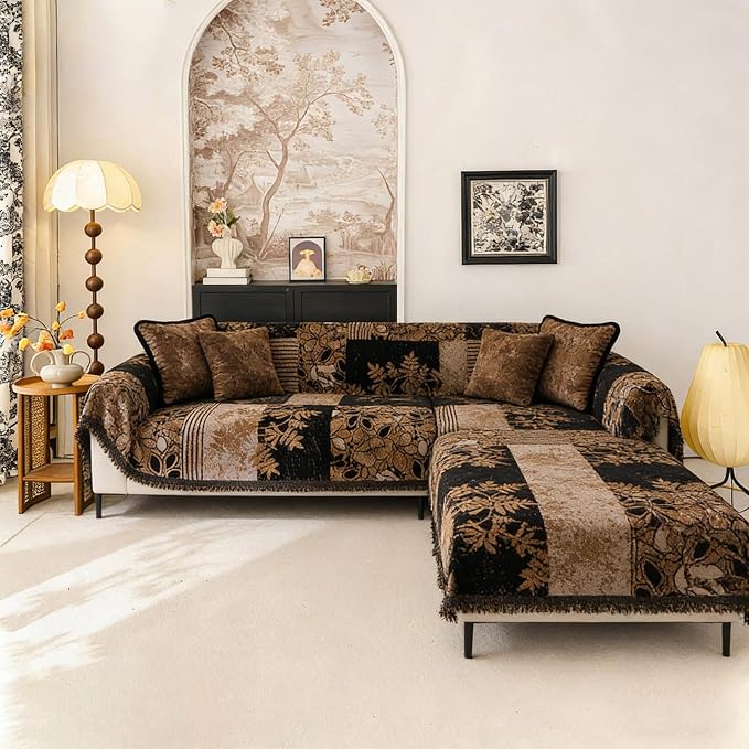 STACYPIK Vintage Couch Cover for Dogs, Floral Jacquard Chenille Sofa Cover | Brown, Breathable, Patchwork, For 2 Cushion Couch/Loveseat , Non Slip Couch Protector for Sectional, Sofa Blanket-71X118IN - Image 6