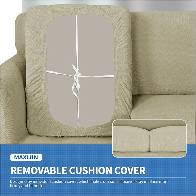 MAXIJIN 3 Piece Couch Covers for 2 Cushion Couch loveseat Cover, Stretch Love Seat Sofa Slipcovers for Dogs Pet, Thick Furniture Protector with 2 Seat Cushion (55"-69", Khaki) - Image 4