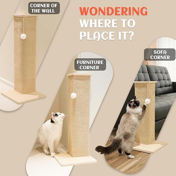 PETKARAY Couch Corner Cat Scratcher, 28'' Corner Wall Scratching Post, Sisal Cat Scratch Pad for Sofa & Furniture Protection with Toy Ball - Image 7