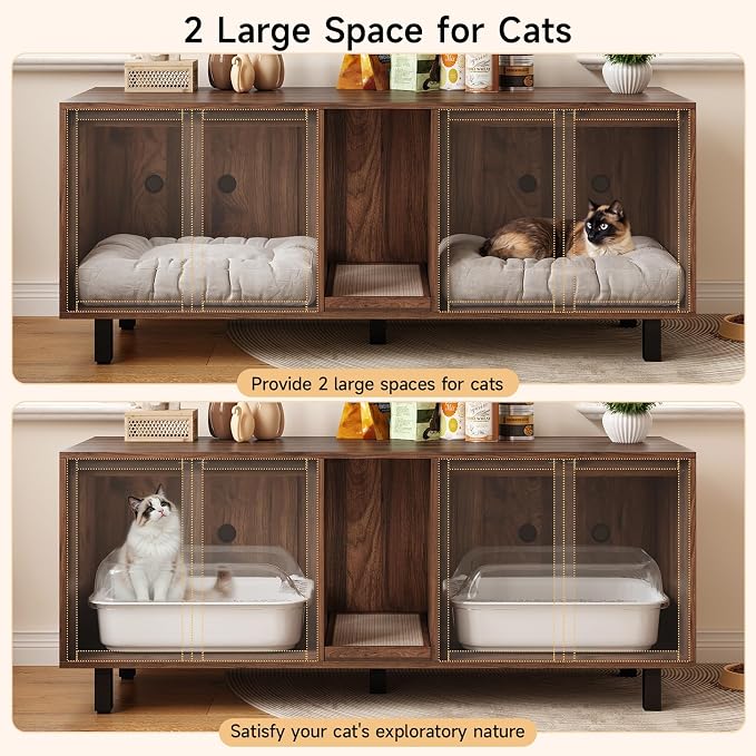 ONBRILL 63 Inches Cat Litter Box Enclosure for 2 Cats, Hidden Litter Boxes Furniture with Cat Scratch Pad, Large Indoor Pet House with Double Room, Wooden TV Stand Side Table, Walnut - Image 5
