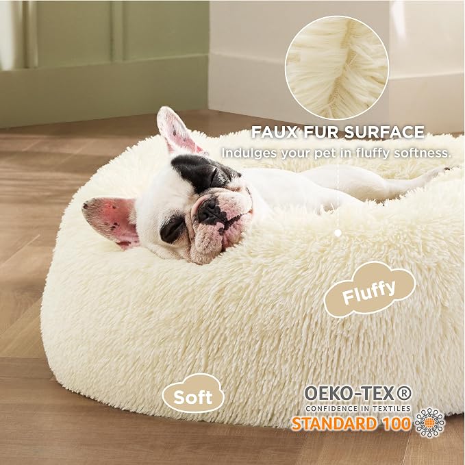 Bedsure Calming Small Medium Dog Bed Donut Washable Puppy Bed,27ins Cream | Fluffy Faux Fur Round Cuddler,Machine Washable,Anti-Slip Bottom,Anti-Anxiety,Deep Sleeping for Pets Up to 35 Lbs - Image 2