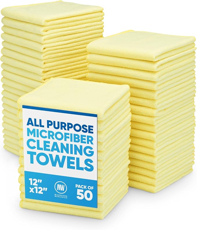 12" x 12" Microfiber Cleaning Cloths (50 Pack) - Reusable Towels, Wash Rags, Dust Cloth, All-Purpose: Kitchen, Dish, Cars, Shop, Glass (Yellow) by MicrofiberWholesale
