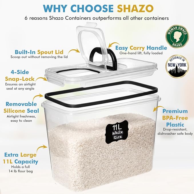 Shazo 2 PC (11L | 372 oz) Flour Sugar Storage Containers with Spout Lid & Easy Carry Handle - BPA Free Extra Large Airtight Food Storage Containers with Lids - Rice Canisters Sets for Kitchen & Pantry - Image 5