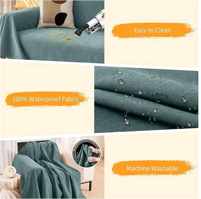 Deep Dream Cat-Scratch Resistant Couch Cover, Waterproof Sofa Cover for 3 Cushion Couch Washable, Pet Friendly Couch Protectors Anti Slip Thickened Love Seat Slipcovers for Dogs Pets,91" x 150",Green - Image 4