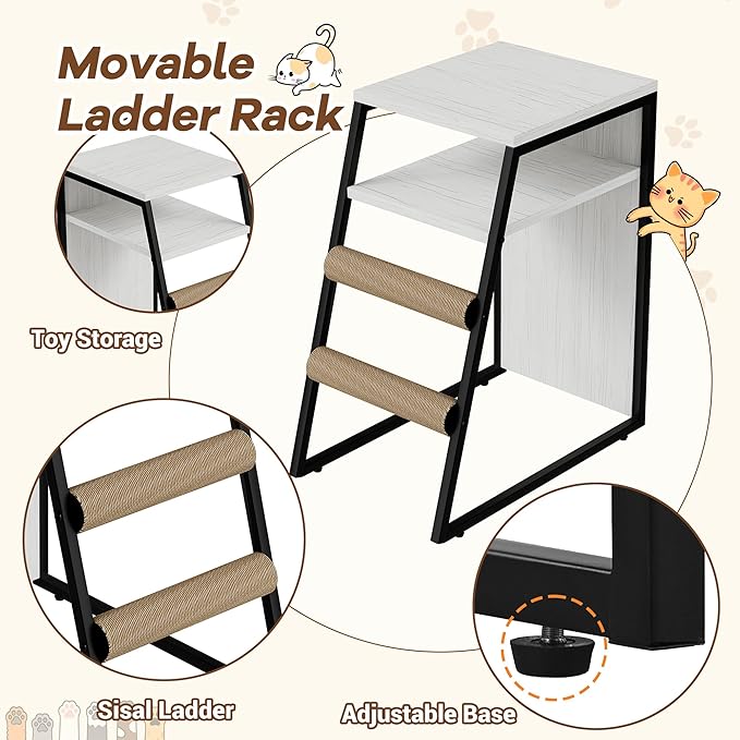 GarveeLife Cat Litter Box Enclosure with Doors, Double Cat House with Storage Space, Enclosed Litter Box Furniture with Ladder, Retro White - Image 3