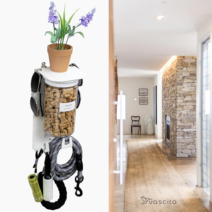 Dog Leash Holder for Wall with Shelf — Wall Mounted Dog Treat Holder & Station, 1 Large Airtight 32oz Treat Container, 6 Hooks, Patented Lidless Slide-to-Seal Jar, Solid Steel, Made in USA - Image 3