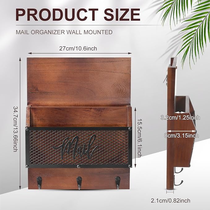 Yalikop Farmhouse Mail Organizer Wall Mounted Rustic Mail Holder Hanging Key Sorter with 3 Hooks Indoor Wooden Wall Mounted, Letter, Magazines, Newspapers, Keys (Classics,Dark Brown) - Image 2