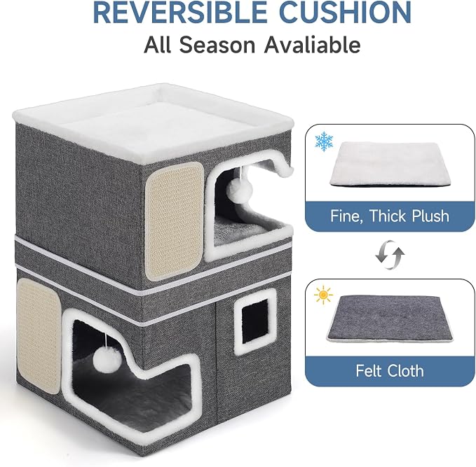 Double Cat Beds for Indoor Cats, 2-Storey Cat House with Large Cozy Hideaways, Dual Purpose Cat Cave Cube with Scratch Pads, Fluffy Balls, Foldable Indoor Cat Houses for Multi Small Pets Kitten, Grey - Image 6