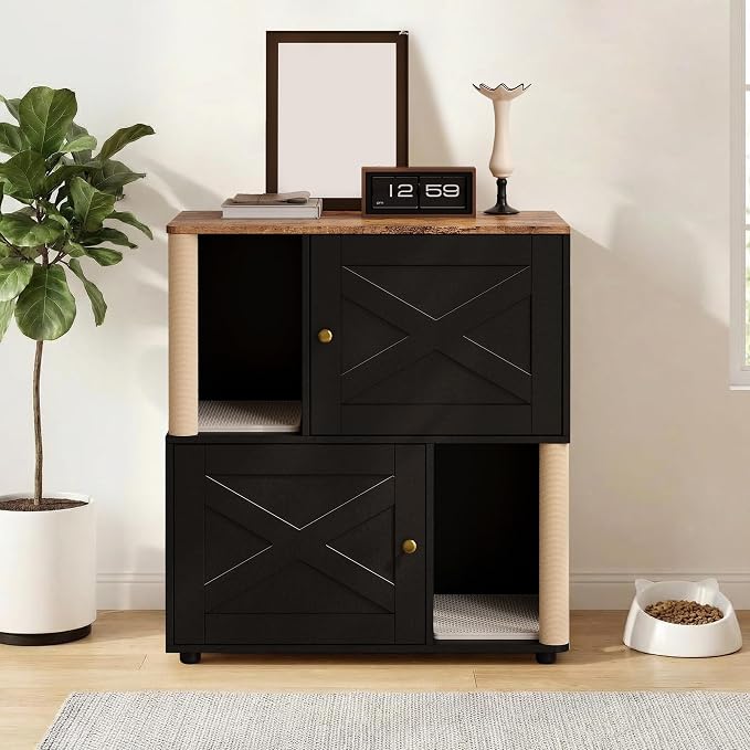 Cat Litter Box Enclosure, Modern Cat Litter Box Furniture Hidden, Wooden Litter Box Cabinet for 2 Cats, Litter Box Enclosure with Cats Scratching Post, Fits Most Litter Boxes，Black - Image 7