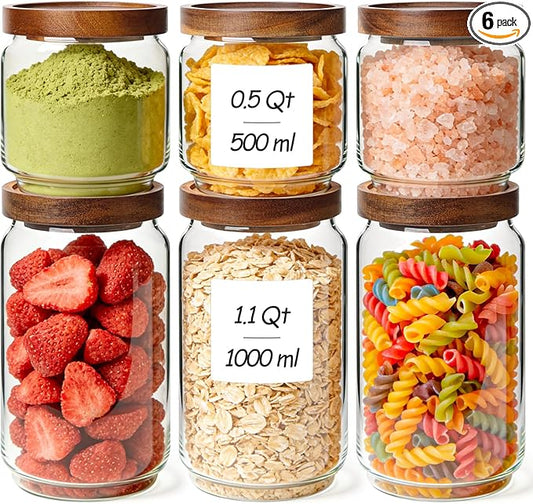 ComSaf Glass Pantry Storage Container with Acacia Wood Lids 1.1/0.5Qt 6Pack | Food Canister for Cooks, Oats Coffee Sugar Nuts Snacks Tea Candy, Pantry Kitchen Living Room, Stacked Design, Jar with Labels by ComSaf