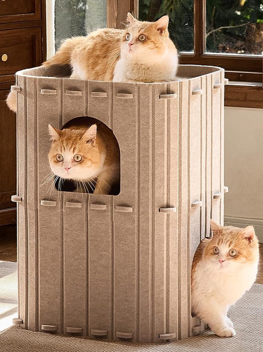 FUKUMARU Cat House for Indoor Cats, Warm Felt Cat Bed, Scratch Resistant | Large Cat Bed Cave, 3-in-1 Cat Condo, Cozy Felt Covered Cats Tunnel, 23.62 Inch Kitten Hideaway for Multicats, Beige by FUKUMARU