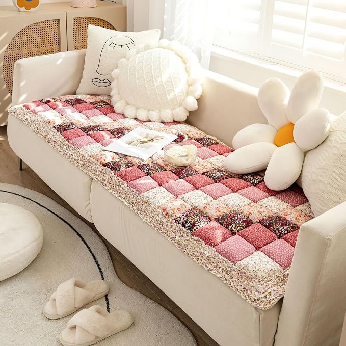 vctops Bohemian Patchwork Cotton Quilted Sofa Couch Cover Floral Pattern Sectional Couch Cover for Living Room Non Slip Soft Floor Mat Chair Seat Cushion(Pattern B,28"x71") - Image 5