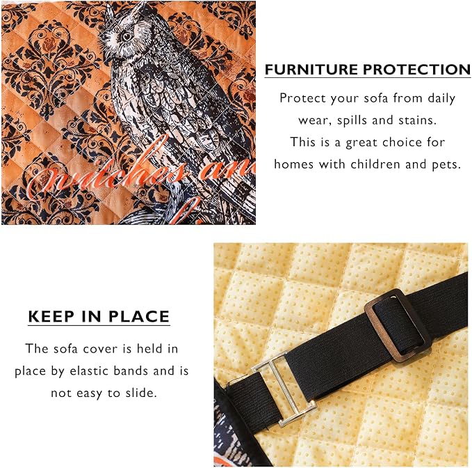 Cmfshape Halloween Skidproof Sofa Cover-Festival Sofa Slipcover with Elastic Straps-Easy Fit Slip Cover-Patchwork Washable Furniture Protector for Pets and Kids(Sofa,Black&Orange) - Image 6