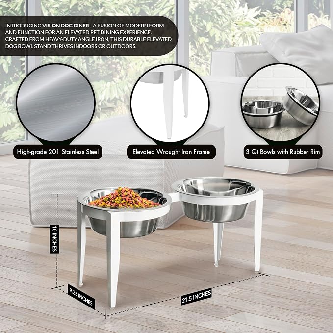 NMN Designs Vision Elevated Double Diner - 10" White - Metal Dog Bowl Stand for Large and XL Dogs, Raised Feeder Station, Wrought Iron, Outdoor/Indoor Pet Bowl, Best for Tall Dogs, Dog Feeding Station - Image 2