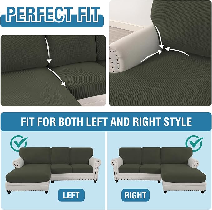H.VERSAILTEX Sectional Couch Covers 3 Pieces Sofa Seat Cushion Covers L Shape Separate Cushion Couch Chaise Cover for Both Left/Right Sectional Couch (Seat Only: 1 Chaise + 2 Sofa, Olive) - Image 5