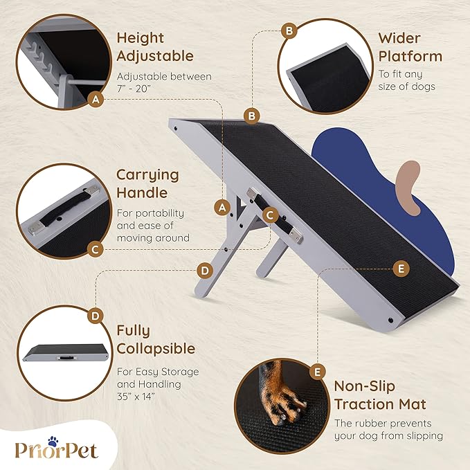 Dog ramp for Couch – Non-Slip, Sturdy Build Foldable Dog ramp – Supports up to 200lbs – Adjustable 7'' to 20'' – Landing Platform Seamlessly Connects – Birchwood Pet Ramp for Small Dogs – Gray