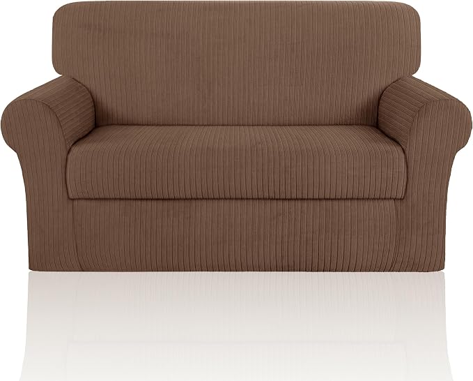 Loveseat Cover Stretching Skid Resistance Couch Cover for Pets Washable, Thick and Durable Soft High Spandex Striped Pattern Sofa Covers, Form Fitted Love Seat Slipcover(Loveseat, Brown) by ChengEase