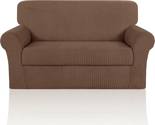 Loveseat Cover Stretching Skid Resistance Couch Cover for Pets Washable, Thick and Durable Soft High Spandex Striped Pattern Sofa Covers, Form Fitted Love Seat Slipcover(Loveseat, Brown) by ChengEase