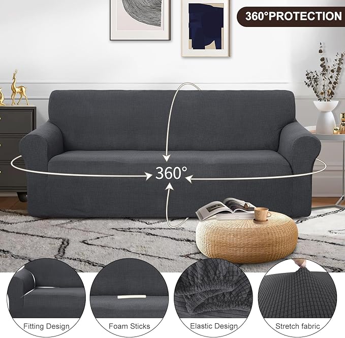 U-NICE HOME Stretch Couch Cover Slipcover for 3 Cushion Sofa, Dark Grey | 1-Piece Sofa cover, Washable, Pet friendly, Furniture protector, Polyester Spandex Jacquard fabric - Image 4