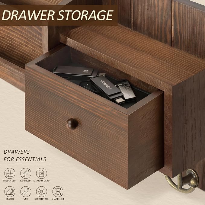 Rebee Vision Pine Wood Key Holder Wall Mount with Mail Sorter, Retro Brown | Mail and Key Organizer for Wall, 7 Key Hooks, Drawer Organizer, Store Envelopes, Mail Organizer for Wall, Ideal for Entryway - Image 4