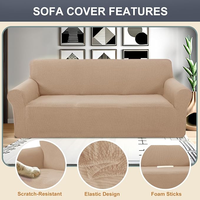Stretch loveseat Covers Washable Sofa Slipcover, Camel | 1 Piece Couch Covers for Sofa Furniture Protector with Non Skid Foam and Elastic Bottom for Kids, Dogs - Image 3