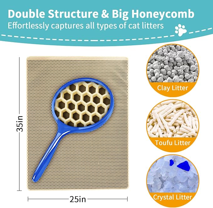 Cat Litter Mat Litter Trapping Mats, Large Kitty Litter Box Mat, 35x25in | Double-Layer Honeycomb Litter Catcher Mat to Less Mess, Waterproof and Non-Slip Bottom, Keeps Floor Clean(Khaki) - Image 2