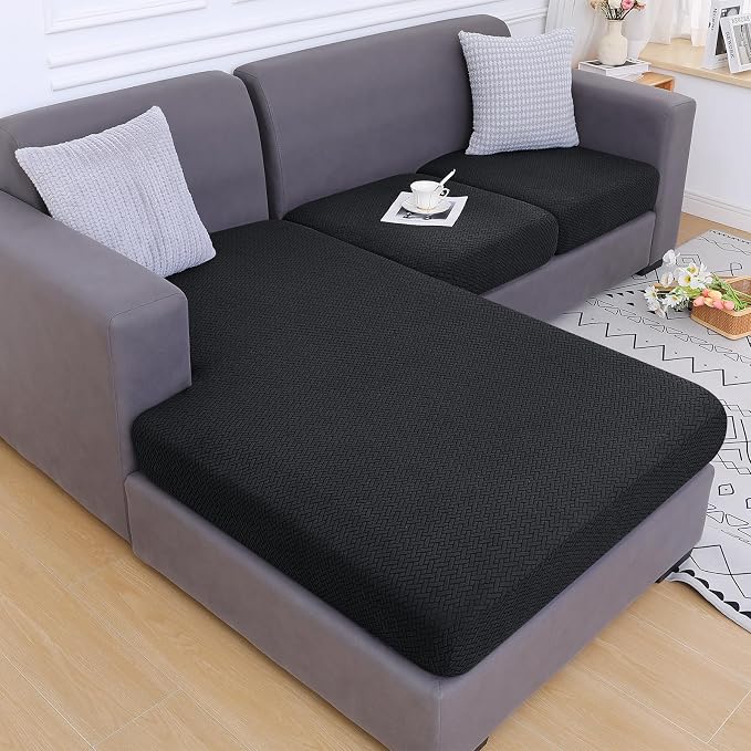 Smiry Waterproof Couch Cushion Covers, L Shape Sectional Couch Covers | Stretch Jacquard Chaise Lounge Sofa Slipcover, Washable Elastic Furniture Protector for Pets, Chaise, Black - Image 5