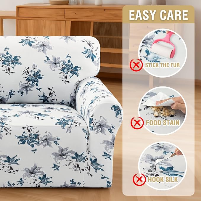 H.VERSAILTEX Floral Pattern Couch Covers for 3 Cushion Couch Sofa High Stretch Couch Cover Printed Pet Sofa Covers for Furniture Super Soft Fabric(Vintage Petal-Blue,Sofa) - Image 8