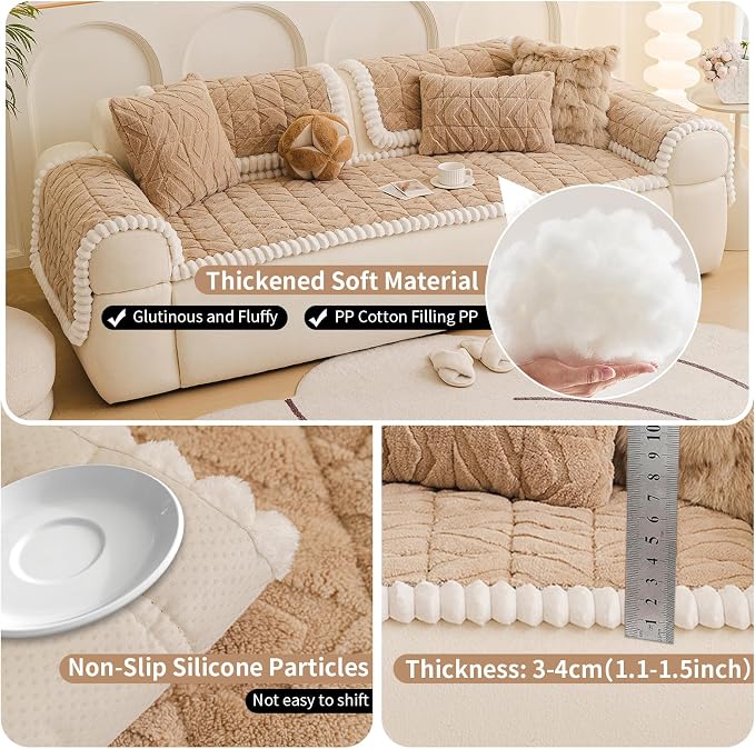 STACYPIK Thickened Fuzzy Khaki Couch Protector for Pets, Non Slip Sofa Cover for 3 Cushion Couch, Pet-Friendly Boho Geometric Couch Cover for Sectional, Furniture Protector for L Shaped-35.4X70.9IN - Image 3