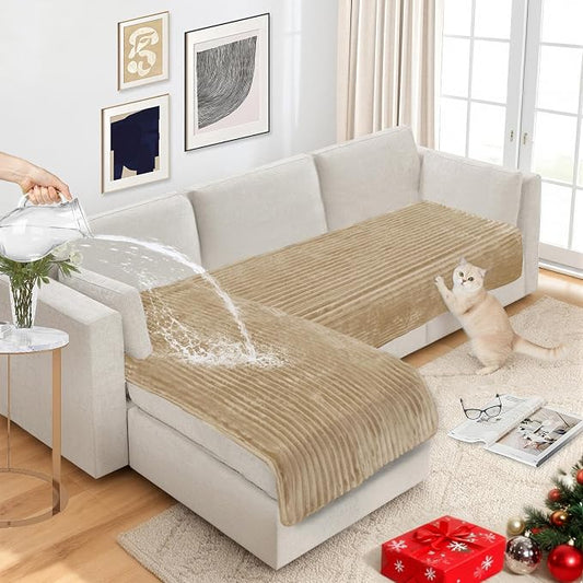 NAISI Couch Covers for Dogs Waterproof Flannel Striped Sofa Cover Pet Friendly Washable Dog Mat for Couch Anti Slip Sectional Sofa Slipcover Protector(2pcs/35"x63"+35"x70",Camel) by NAISI