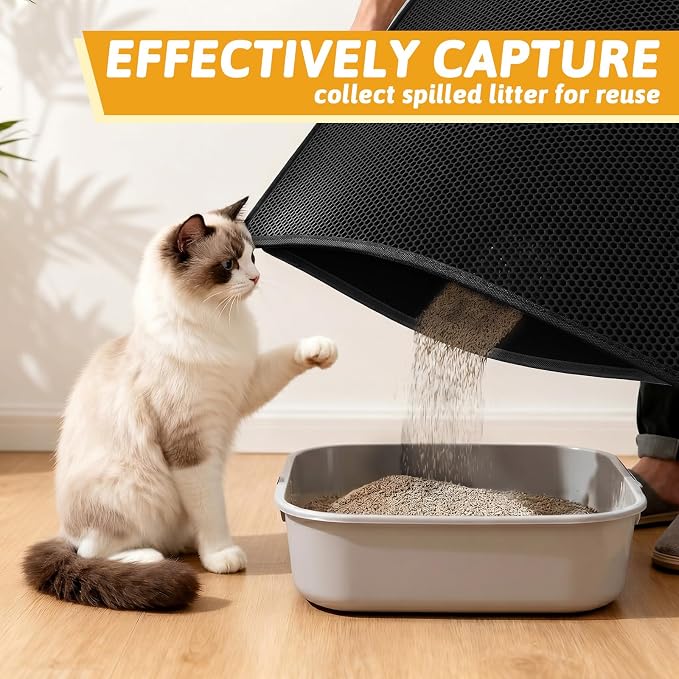 Pieviev Litter Box Mat, Double-Layer Waterproof Design, 47" x 36" Black | Honeycomb Litter Trapping Mat Captures Scattered Particles to Stop Tracking, Waterproof Base Protects Floors, Easy to Clean - Image 3