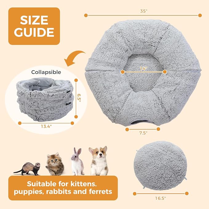 PEQULTI Cat Tunnel with Bed for Indoor Cats, Cat Play Donut Tunnel with Washable Soft Plush Mat, Round Cat Tunnel Toys Cute Cat Tube for Kittens, Puppies, Rabbits and Ferrets, Grey - Image 2