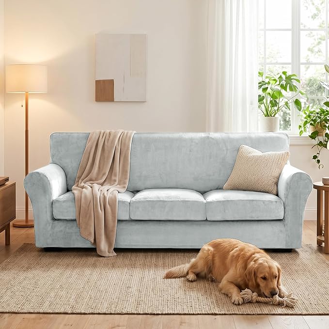 XINEAGE 4-Piece Velvet Sofa Cover,Couch Covers for Dog,Silver Gray | 3 Cushion Sofa,Stretch Non-slip Elastic, Pet-friendly, Washable, Fast Setup, Soft Plush Fabric, Furniture Protector. - Image 4