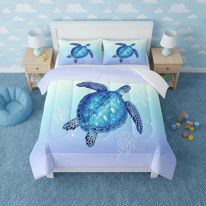 QOOMO Turtle Comforter Twin Size, Ocean Bedding Set for Kids Teens Girls Boys, 3Pcs Printed Comforter with 2 Pillowcases, Down Alternative, Soft and Lightweight (Blue, Twin Size) - Image 2