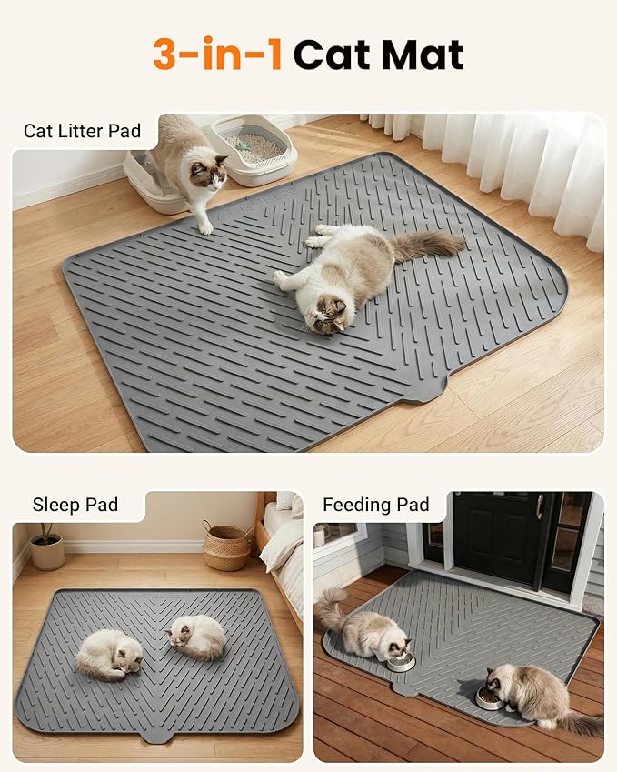 Cat Litter Box Mat, 47" x 37" Extra Large Cat Litter Mat, Silicone Waterproof Litter Trapping Mat for Scatter Control Soft on Kitty Paws Non-Slip Easy to Clean (Gray) - Image 3